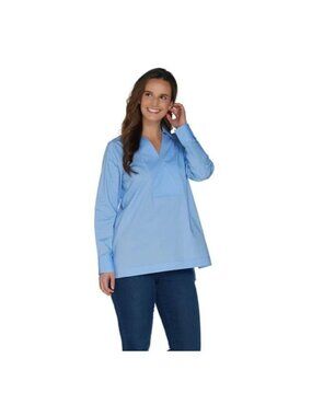 Martha Stewart Lillian Shirt Lot Stretch Poplin Collared Tunic Blue Tan XS